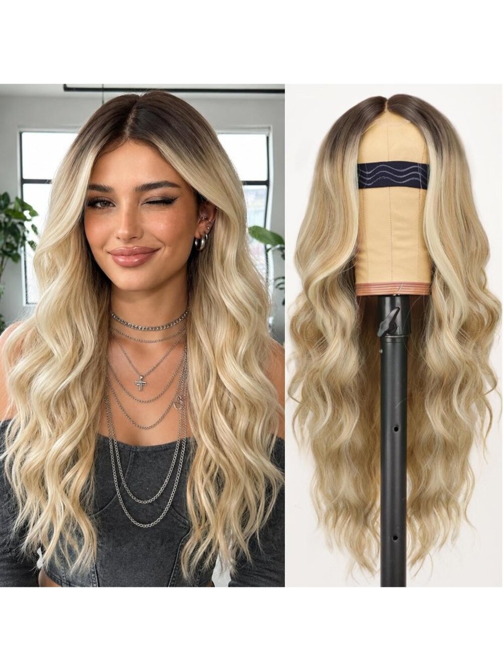 Women's Honey Blonde Lace Hairline 26 Inch Synthetic Heat Resistant Wavy Wigs